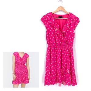 J. Crew Y2K V Neck Ruffle Dress Vibrant Fuchsia Floral Print Cap Sleeve Size 0